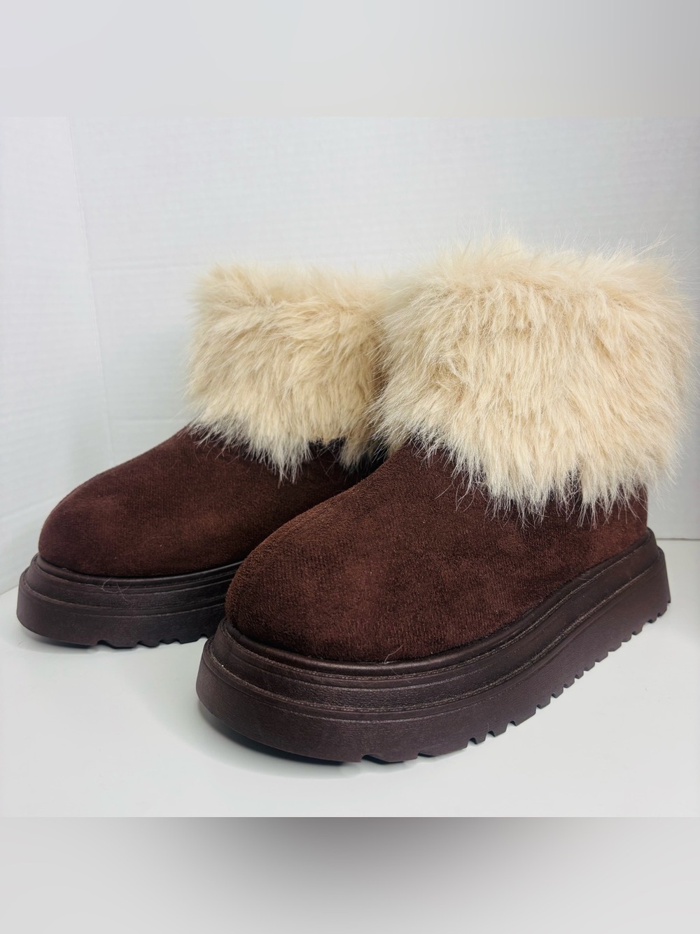 Women's Dark Brown Faux Suede Ankle Boots with Cream Faux-Fur Cuff